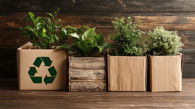 Eco-friendly green plants in recycled carton boxes, promoting sustainability
