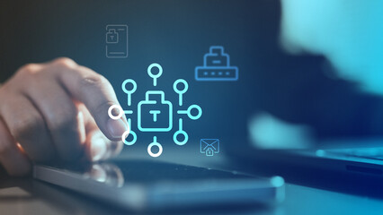 User interacting with tablet and passkey security interface, representing passwordless login,...