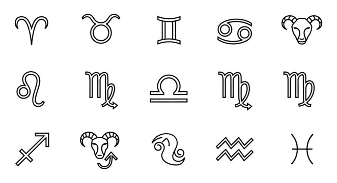 Astrology Zodiac Symbols Set Collection of Twelve Celestial Signs Used for Horoscope Predictions and Navigational Charts Ancient Constellation Icons