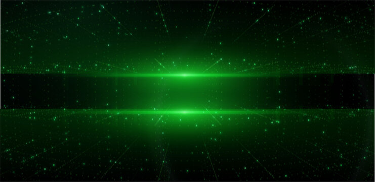 Futuristic green digital matrix space with binary code streams and glowing horizon line, symbolizing data transfer, cybersecurity, virtual networks, artificial intelligence vector background 