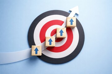 Hitting the Bullseye: Illustrates a concept of progress and goal achievement, with wooden blocks marked with upward-pointing arrows steadily climbing towards a target.
