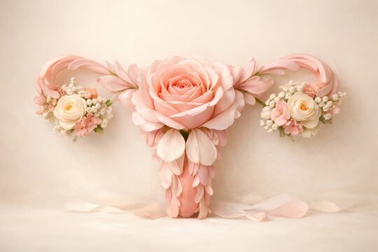 Artistic uterus shape crafted from pastel roses and petals on a soft background, ideal for campaigns about women?s health, fertility, empowerment, and body positivity.