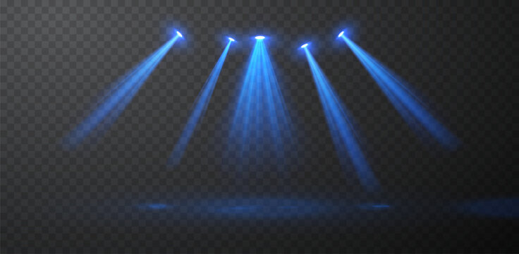 Set of realistic blue spotlight beams isolated on transparent vector background, stage lighting effects with glow and light rays for concert, show, presentation, cinema, event design composition.