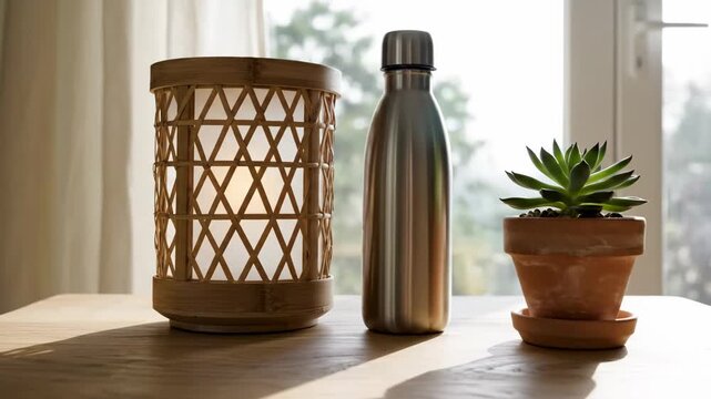 A woven lantern a metal water bottle and a potted succulent plant sit on a wooden table bathed in natural sunlight creating a serene minimalist composition