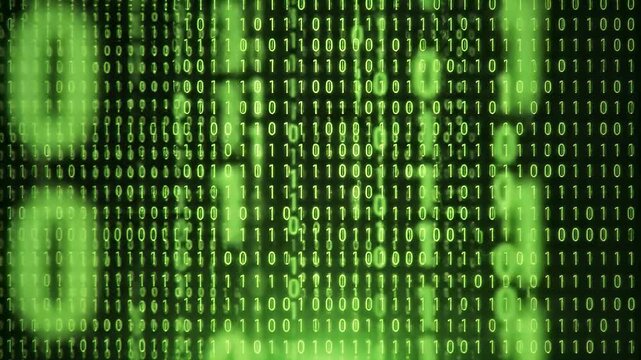 A video showcasing a green matrix of binary code on a computer screen