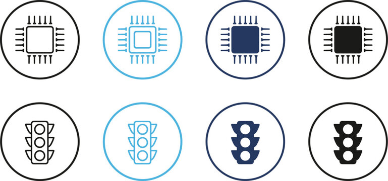 Microchip and traffic light line icon set in circular frames modern technology and transportation symbols collection