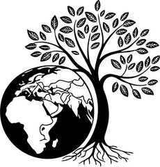 Eco Tree and Earth Silhouette Vector Illustration, Environmental Conservation Concept