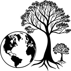 Eco Tree and Earth Silhouette Vector Illustration, Environmental Conservation Concept