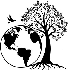 Eco Tree and Earth Silhouette Vector Illustration, Environmental Conservation Concept
