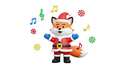 Cartoon Fox in Santa Costume Singing with Musical Notes and Snowflakes
