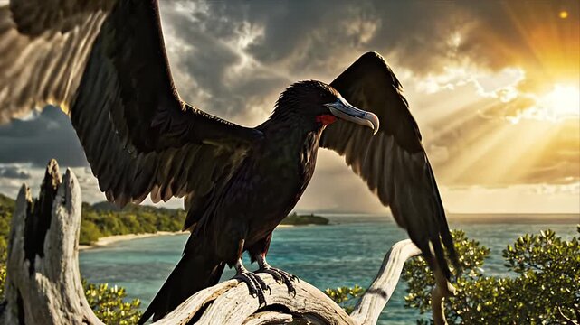 Magnificent Frigatebird Perched on Branch against Ocean Background with Dramatic Sky with Coastal Scenery at Sunset