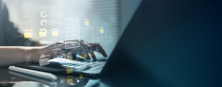 User downloading personal data archive on laptop, representing data export request, account privacy control, document storage, compliance management, and secure information technology process.