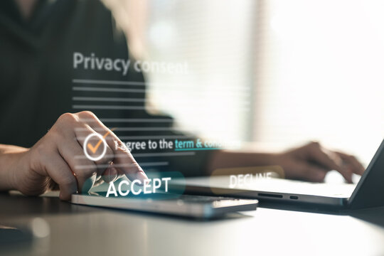 User accepting privacy consent and cookie settings on digital device, representing GDPR compliance, data protection, user control, transparency, and secure handling of personal information.