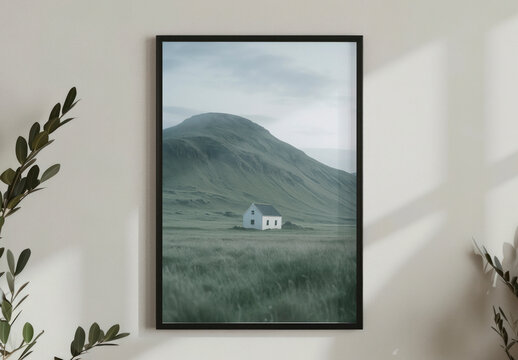 Serene Landscape With House In Frame Mockup PSD