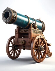 Ornate antique cannon with a blue barrel, detailed woodwork, and large wheels, isolated on a white background