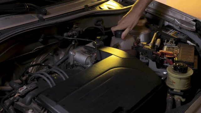 A person working on a car engine with a flashlight at night