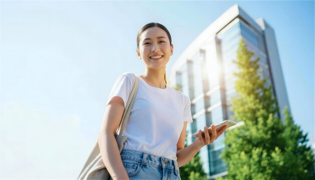 青空の下でスマートフォンを持つカジュアルな若い女性