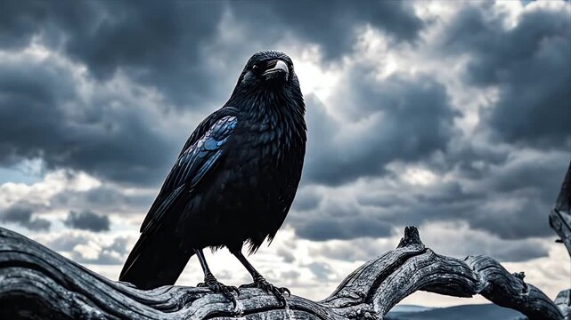 Raven Perched on a Branch in Forest Under Dramatic Sky Wildlife Bird Corvus Corax Dark Plumage Ornithology Study Avian