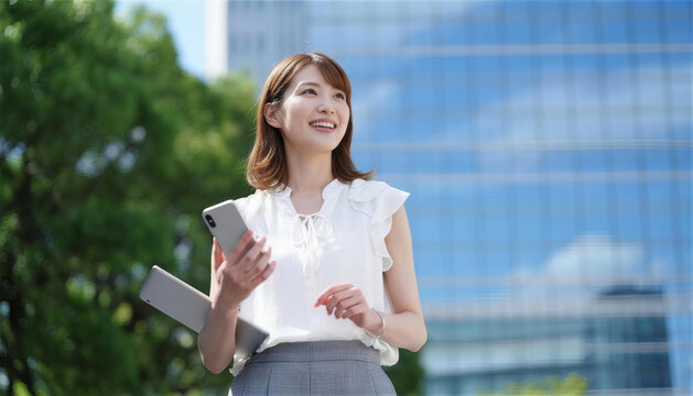 夏のオフィス街でスマートフォンとタブレットを持つ笑顔のビジネス女性