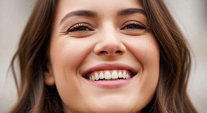 Close-up portrait of a smiling young woman with beautiful teeth.