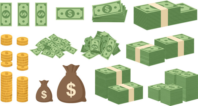 Cartoon money and cash elements set with dollar bills coins stacks and bags flat vector illustration isolated