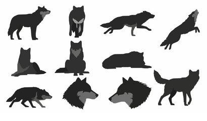 Collection of minimalist wolf silhouettes in various poses, vector art, graphic design elements
