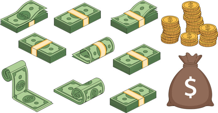 Cash money stacks coin piles and dollar bag collection isolated on white background financial wealth vector illustration set