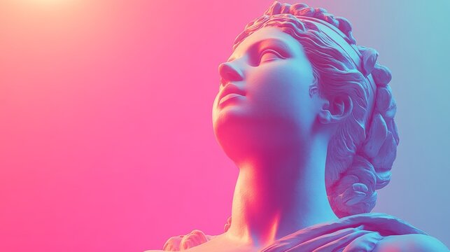 A close-up of a classical Greek-style marble bust illuminated with vibrant pink and blue neon lighting, blending ancient art with modern synthwave aesthetics.
