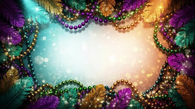 Colorful feathers and beads for Mardi Gras celebration concept. Festive background for party invitation or greeting card.