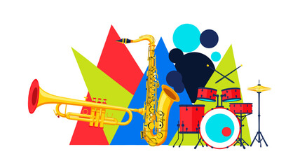 Bright vector illustration of a musical band with trumpet, saxophone and drums on a white background © DOLARRIZ JHON