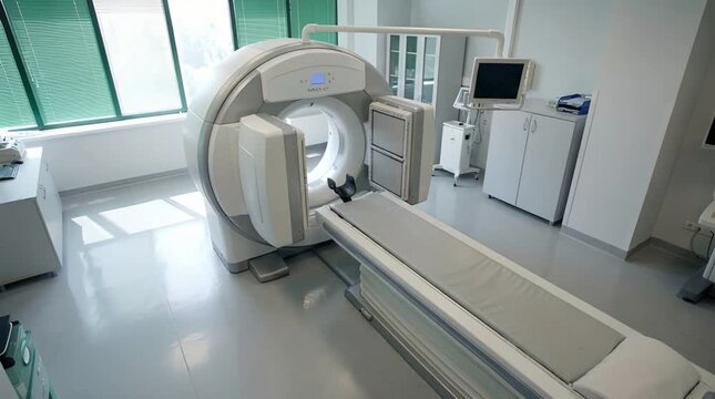 Medical Scanner in White Room with Light Green Accents Modern Hospital Equipment Diagnostic Imaging Magnetic Resonance Imaging Machine in a Clean Room with Monitors