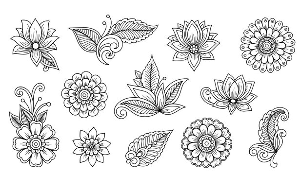 Traditional Mehndi Flower Pattern Outline Vector Set for Henna Drawing and Tattoo Design