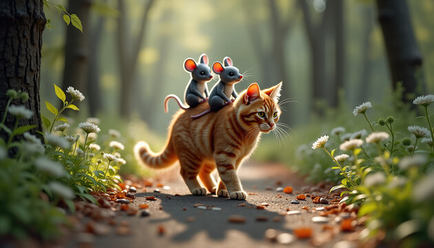 Cat with two mice riding in a whimsical forest scene for children's storytelling