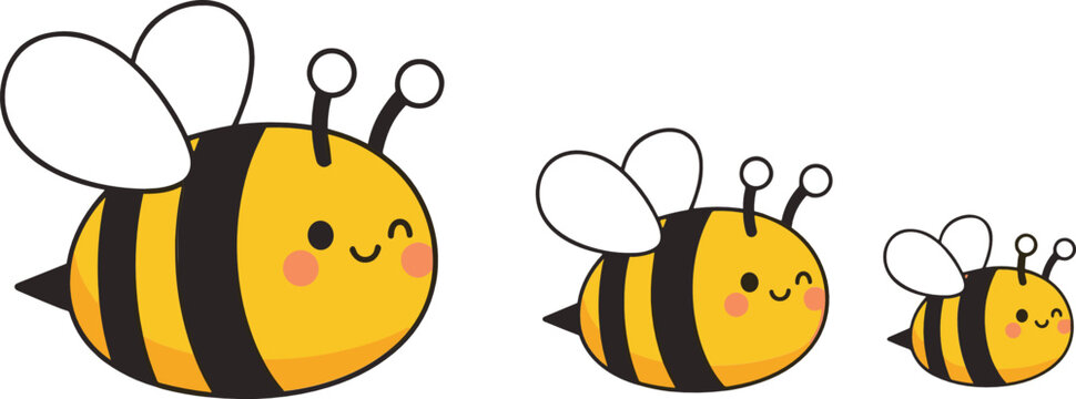 Cute smiling bee characters set in different sizes kawaii cartoon insect vector illustration isolated on white background