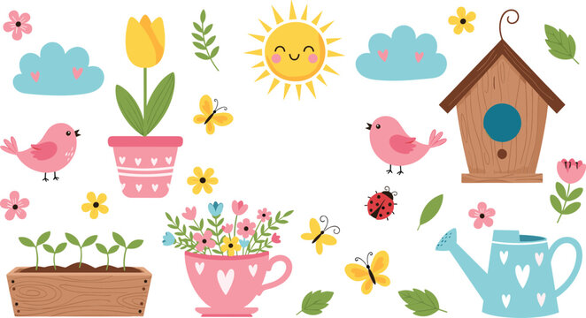 Cute spring garden elements with birds flowers sun watering can and birdhouse playful cartoon vector illustration set