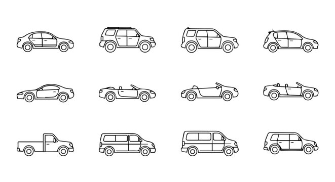 Diverse vector line art illustrations of various car types. Simple outline icons showing vehicle silhouettes including sedans, SUVs, trucks, convertibles, and vans for automotive design projects