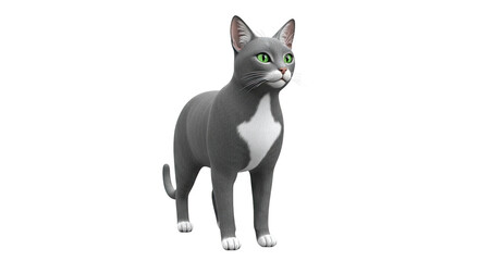 3D rendering of a gray cat with a white chest marking and green eyes