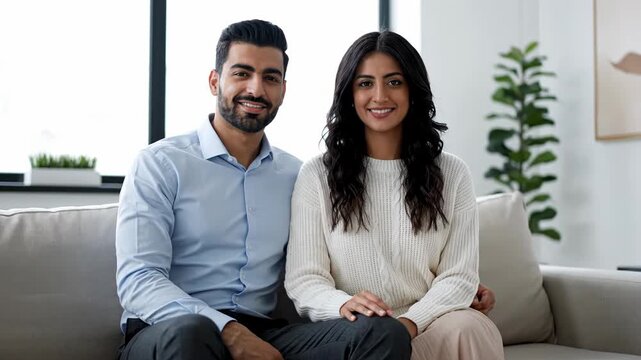 A happy arab couple posing closely together in a bright, modern living room, perfect for ramadan and eid themes.