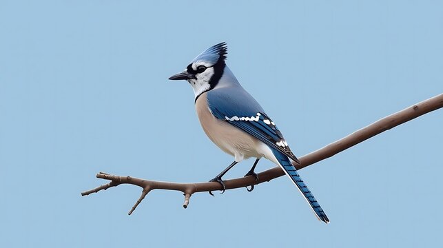 Blue Jay Bird Perched On Branch With Light Blue Background