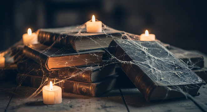 A stack of old books covered in cobwebs with candles on top creating a spooky atmosphere scene