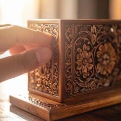 Intricate Wood Carving Box Held By Hand Soft Sunlight Highlights Detailed Floral Patterns Warm Glow Illuminates Artisanal Craftsmanship