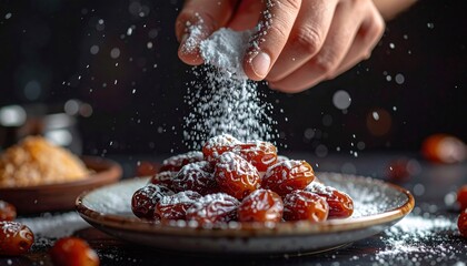 Close-Up of Hand Sprinkling Powdered Sugar on a Pile of Dates in a Bowl with a Dark Moody Background and Scattered Dates
