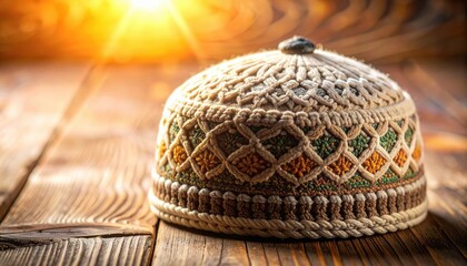 Ornate Religious Kufi Cap with Intricate Geometric Patterns in Warm Sunlight on Wooden Surface