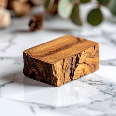 Rustic Wooden Block Displaying Natural Wood Grain Texture on a White Marble Surface with Eucalyptus Leaves and Pinecone in Soft Lighting