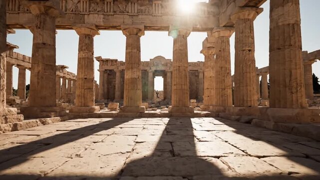 Historical ancient ruins of a classical temple with tall columns and stone pathways under a bright sky representing archeological heritage site