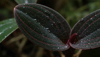 Close Up Of Dark Green Leaves With Pink Stripes And Water Droplets In Natural Sunlight