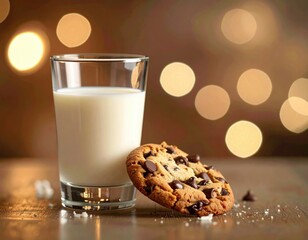 Close Up Of A Chocolate Chip Cookie With A Glass Of Milk And Soft Bokeh Lights In The Background