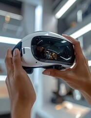 Person Holding White Virtual Reality Headset With Reflective Visor In Brightly Lit Room