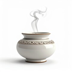 Elegant White Ceramic Pot With Ornate Gold Trim Emitting Wisps of White Smoke Against a Clean White Background