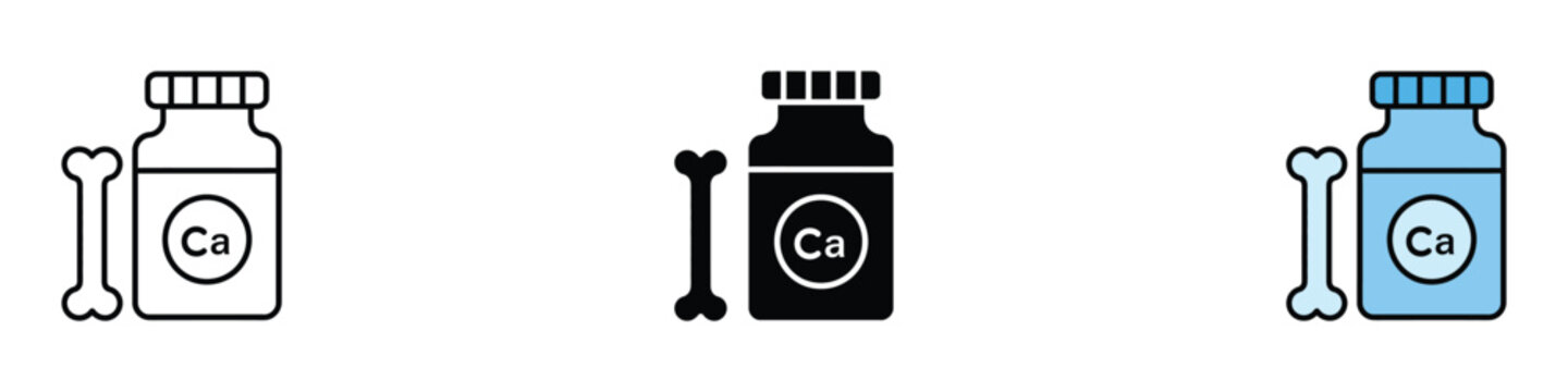 Calcium supplement bottle icon vector. Bone health symbol for medical vitamins, mineral supplements and pharmaceutical healthcare set. Vector Illustration.